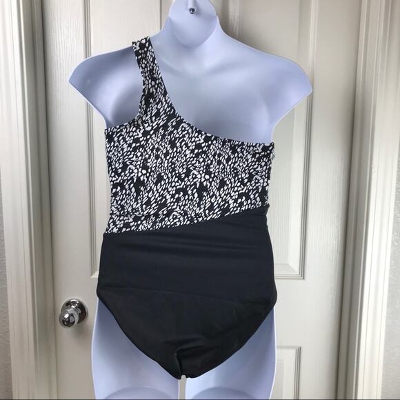 Swimsuits for All Uproar One Shoulder Mesh One Piece Swimsuit Sz 14 Black White - Picture 4 of 9